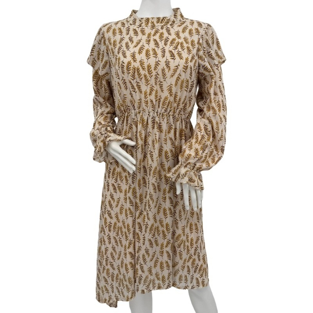 MIKAROSE Beige Leaf‎ Print Long Sleeve High Neck Midi Dress Medium Fall Modest